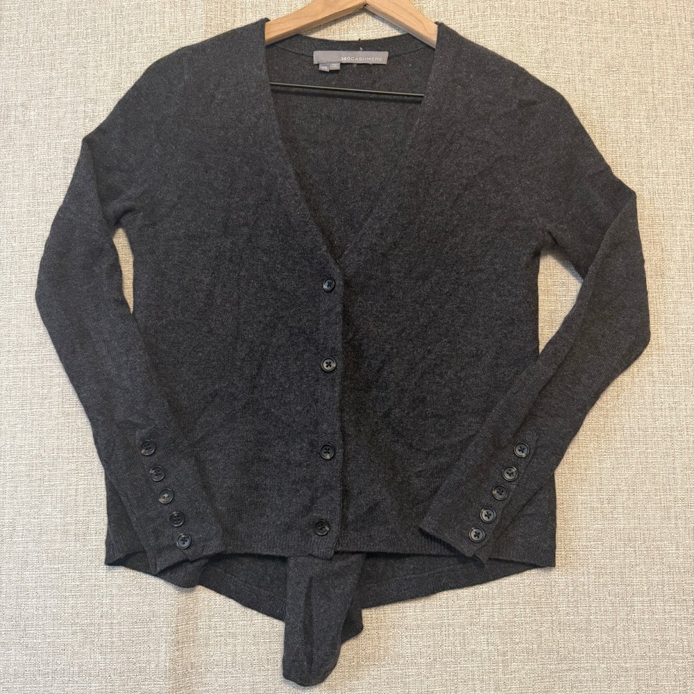 360CASHMERE Cardigan Sweater Womens XS Charcoal Gray 100% Cashmere Button Cuff